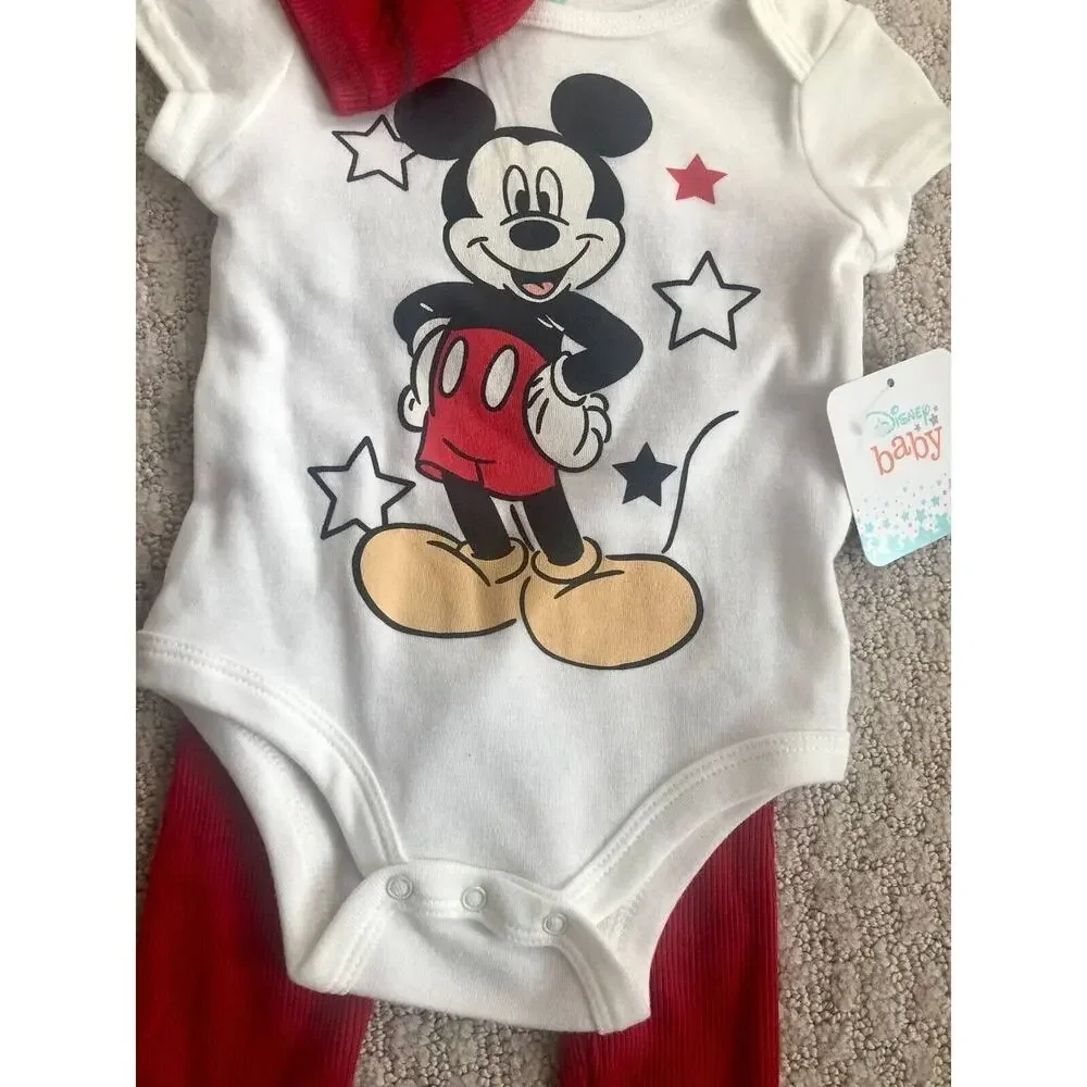NEW! Disney Baby Mickey Mouse 3-Piece Set Bodysuit Pants & Hat Size 6-9M